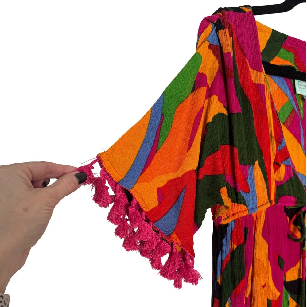 True Destinations Tropical Abstract Print Tassel Midi Dress Medium - Picture 6 of 9